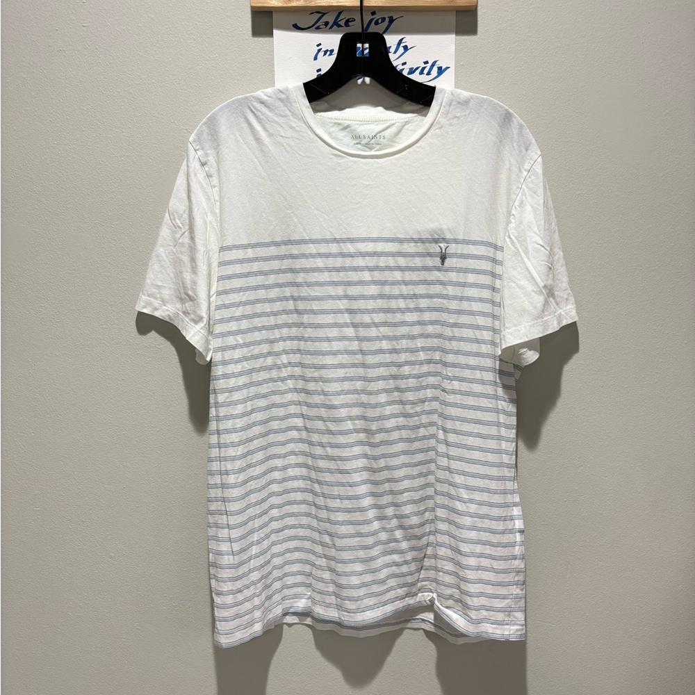 All saints mens Mint White striped soft cotton t shirt crew neck L